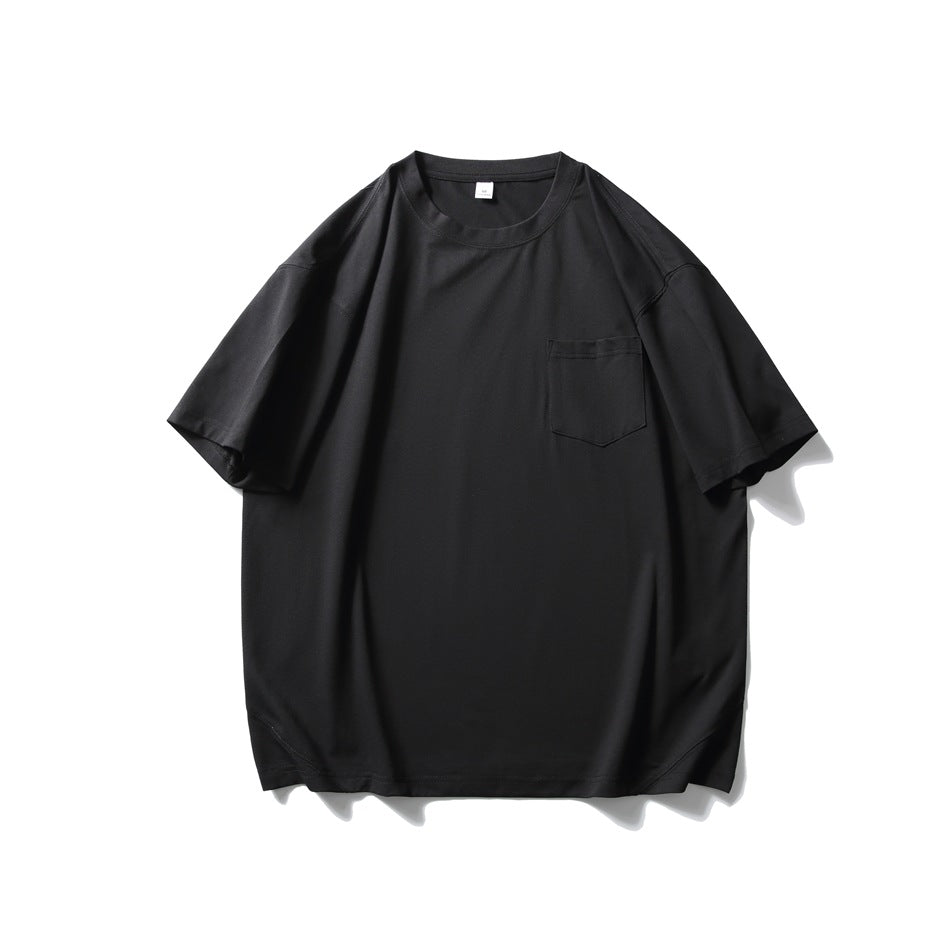 Black short-sleeve crew neck T-shirt with chest pocket, flat lay front view