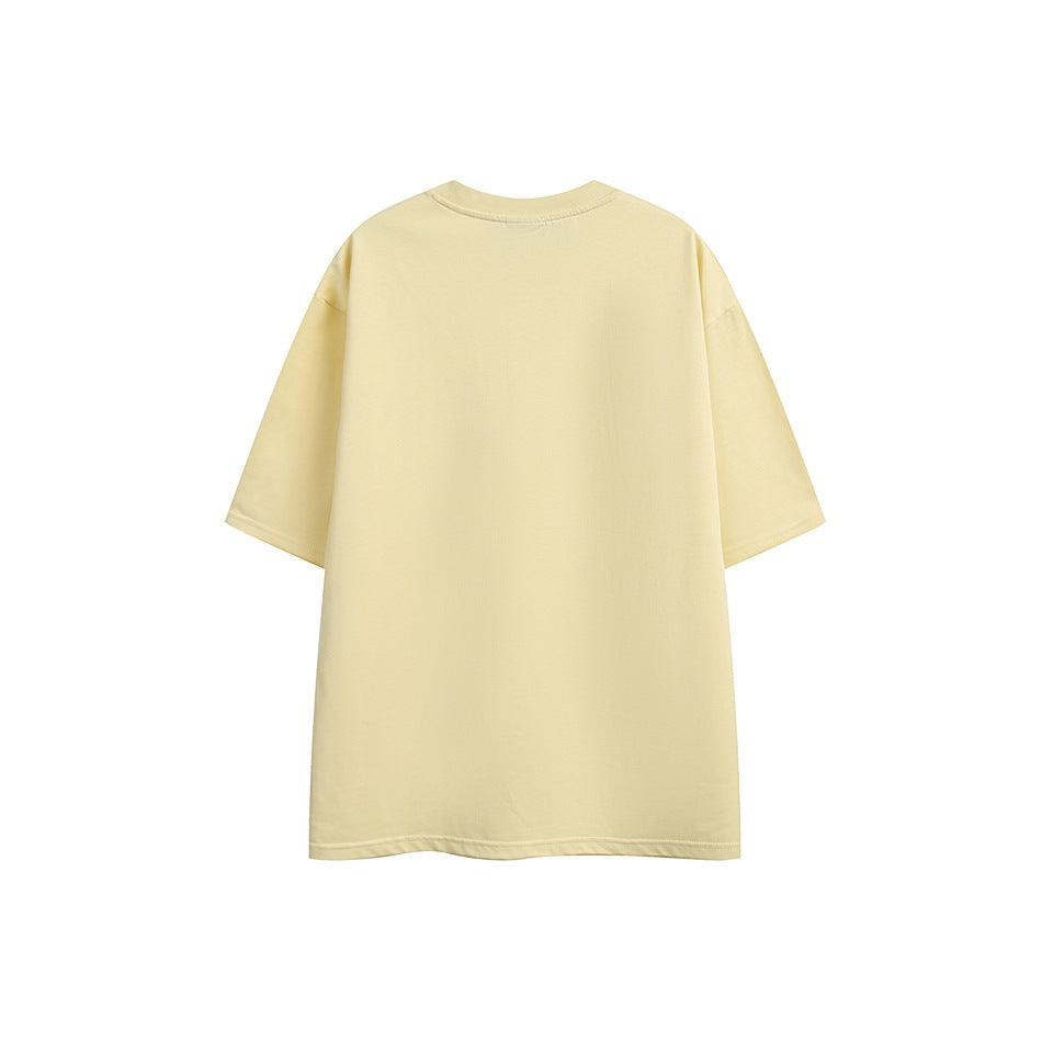 Back view of a plain light yellow short-sleeve crew-neck t-shirt with dropped shoulders