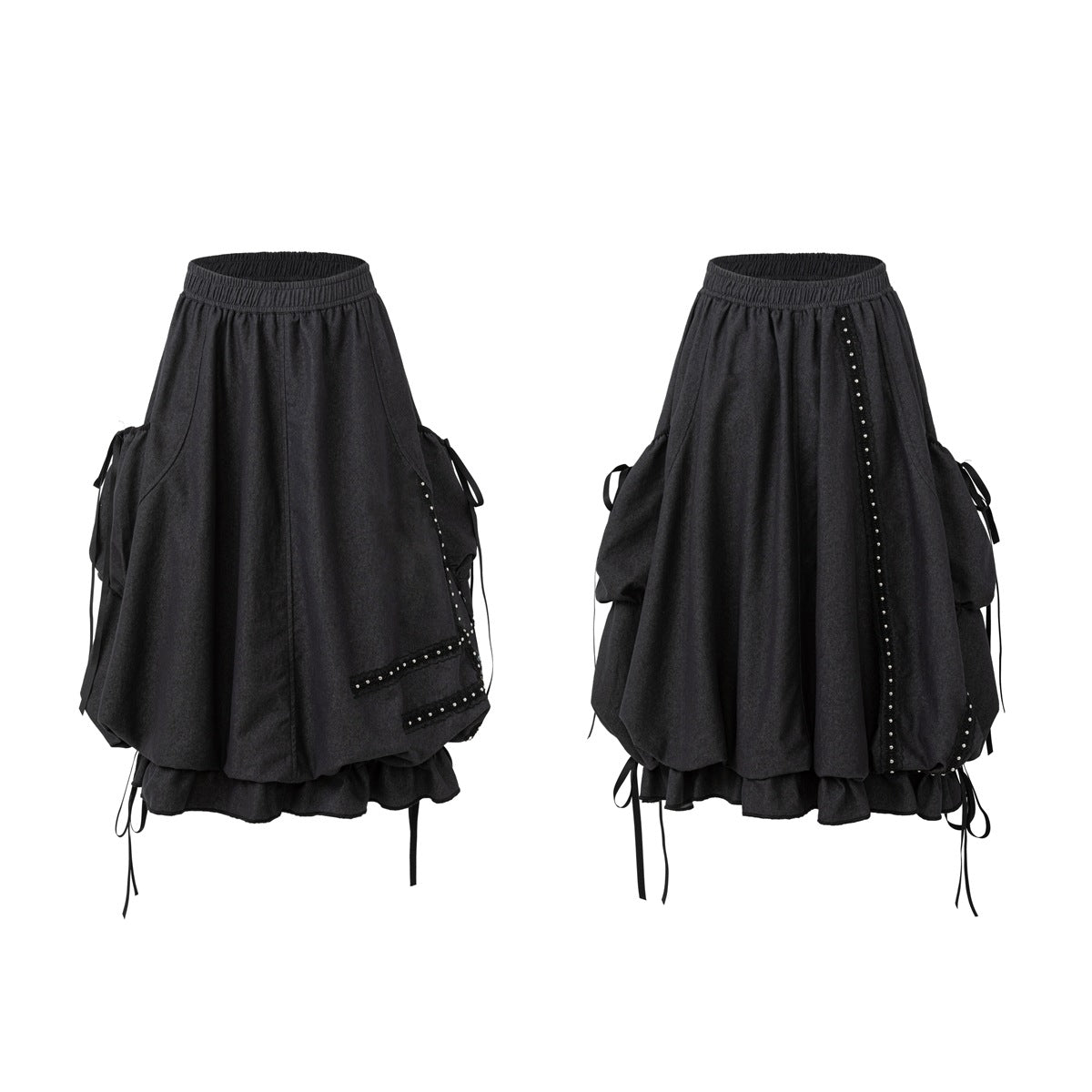 Charcoal gathered skirt shown from front and back, with an elastic waist, studded trim, side ties, and a ruffled hem.