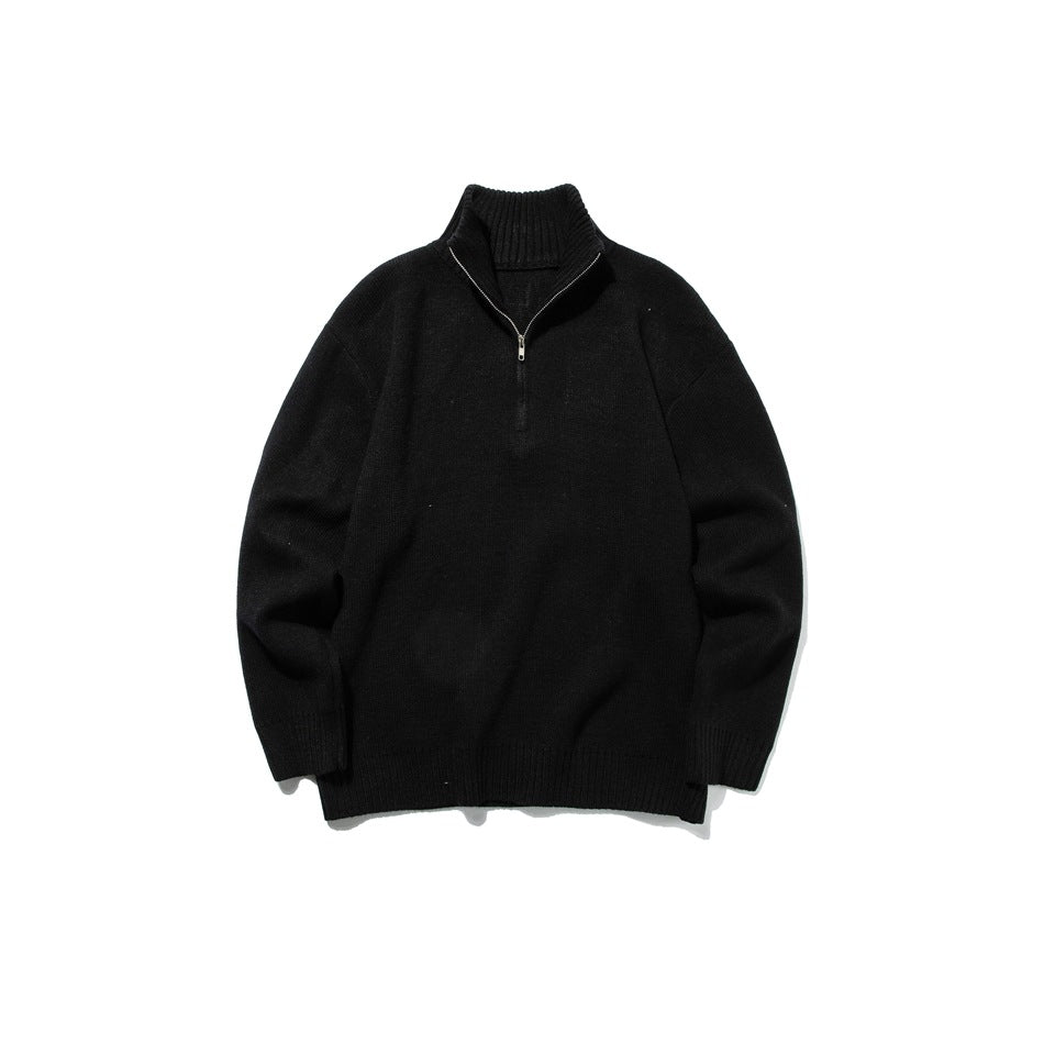 Black knit half-zip sweater with ribbed stand collar and metal zipper, flat front view