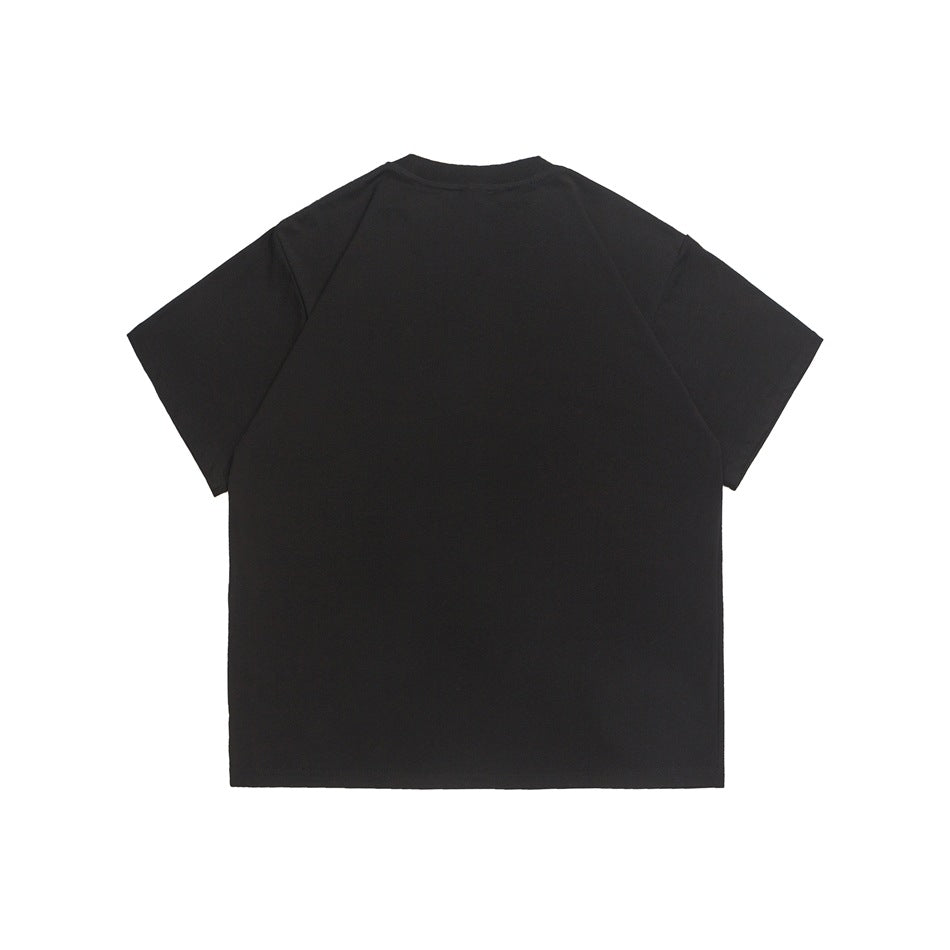Plain black short-sleeve crew-neck T-shirt shown from the back on a white background.