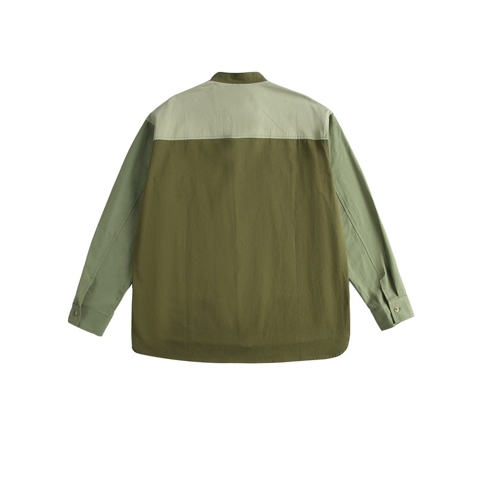 Back view of green color-block long-sleeve shirt with lighter yoke, stand collar and button cuffs
