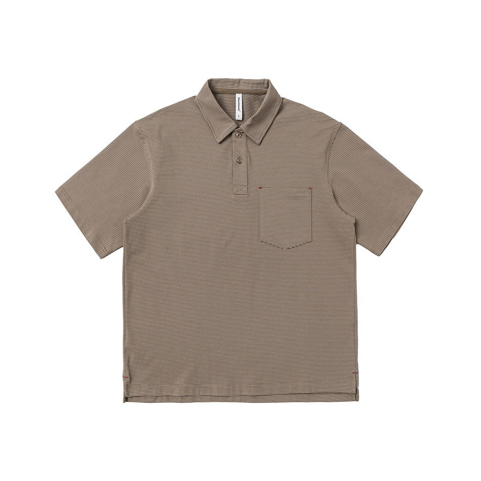 Khaki-green fine-striped short-sleeve polo shirt with chest pocket, flat front view
