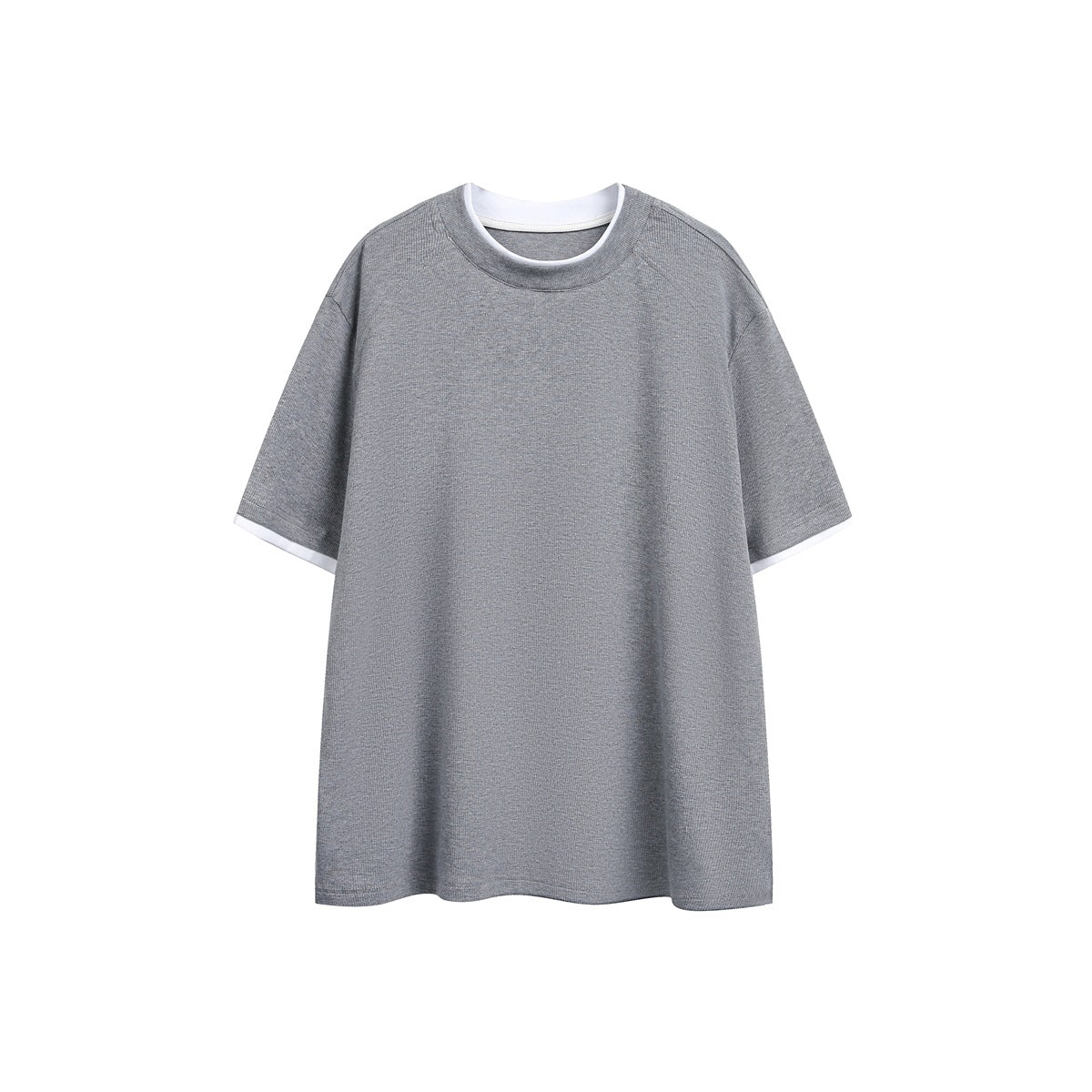 Gray short-sleeve crewneck T-shirt with white layered neckline and sleeve hems, flat front view