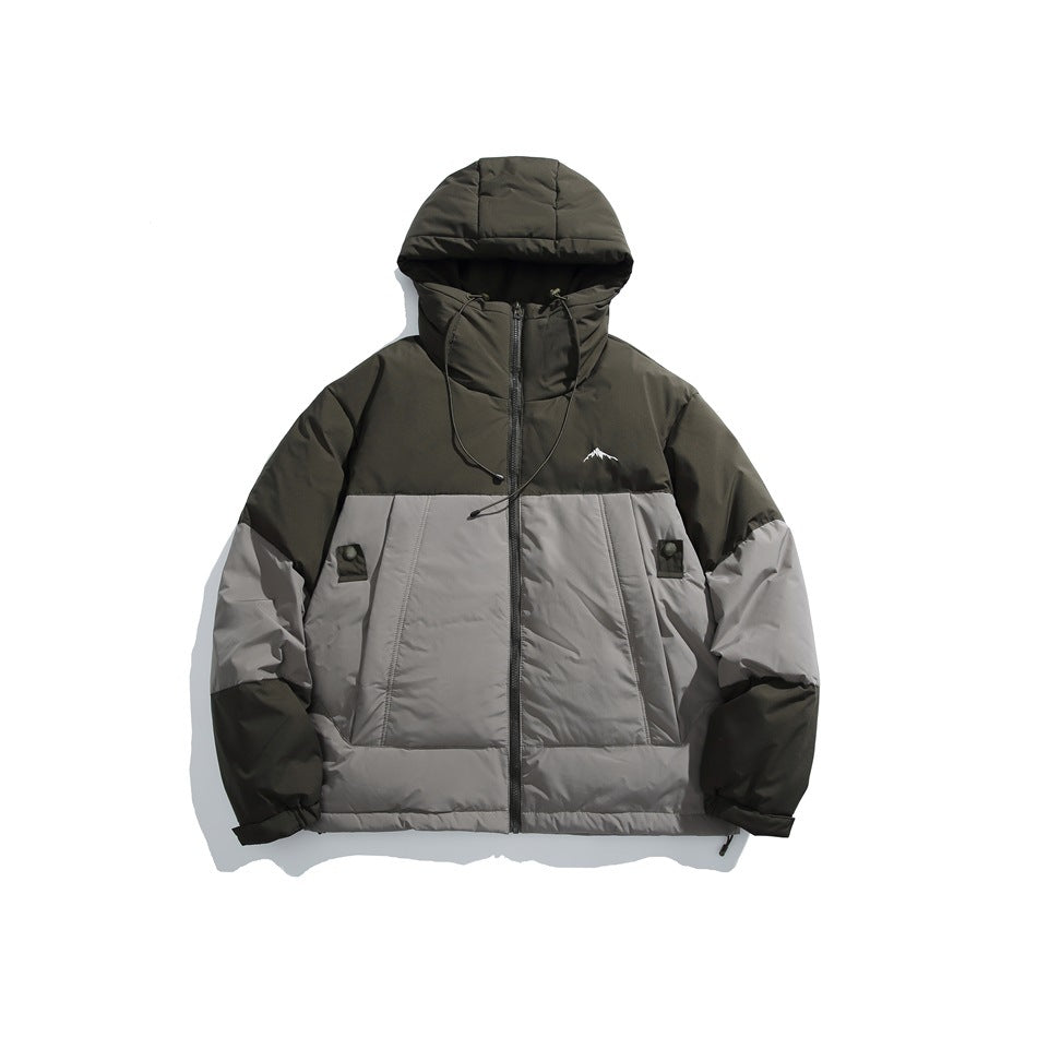 Front view of a dark olive and light gray color-block hooded jacket with a front zipper, drawcords, and pockets.