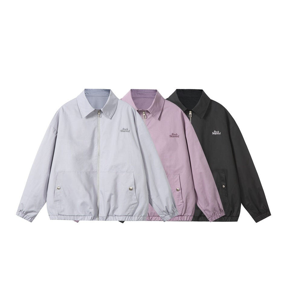 Three collared zip-front jackets in pale gray, lavender, and black, shown from the front.
