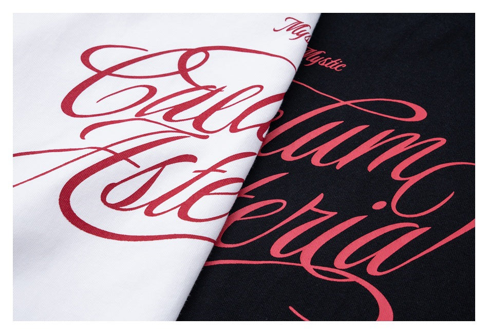 White and black shirt colorways shown together, both with large red script prints.