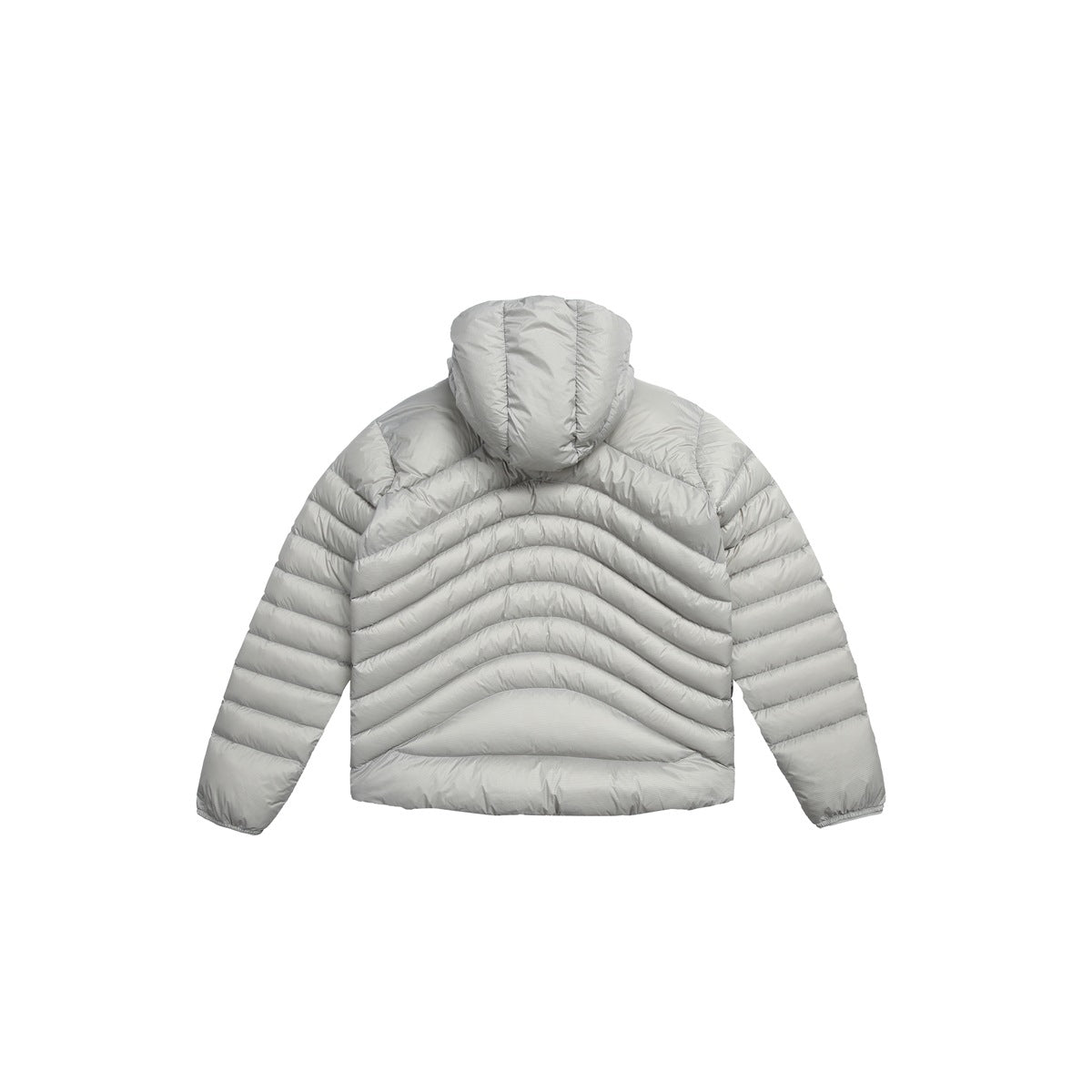 Back view of a light-gray hooded puffer jacket with curved chevron quilting.