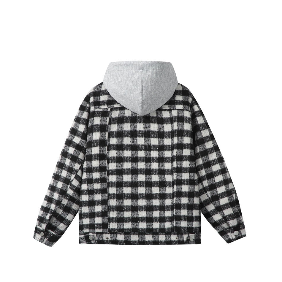 Back of a black-and-white plaid jacket with a gray hood, shown flat against a white background.
