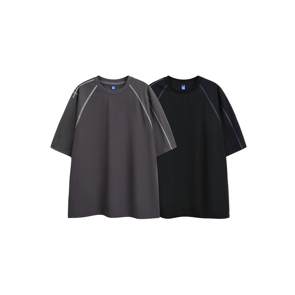 Front view of gray and black short-sleeve crew-neck T-shirts with raglan seams and contrast stitching.