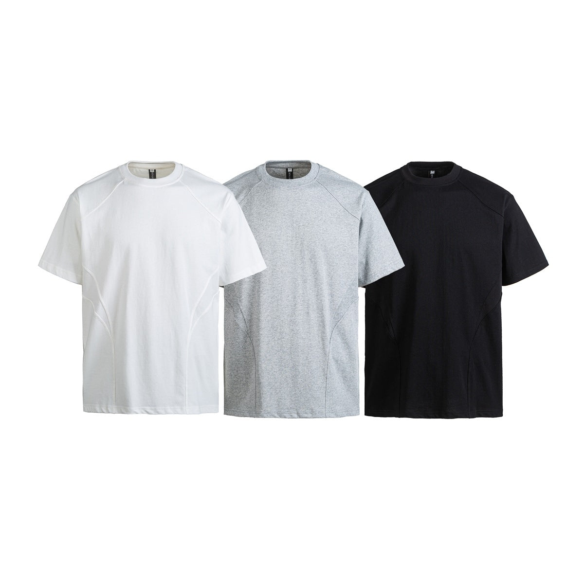 Three short-sleeve crew-neck T-shirts shown from the front in white, heather gray, and black.