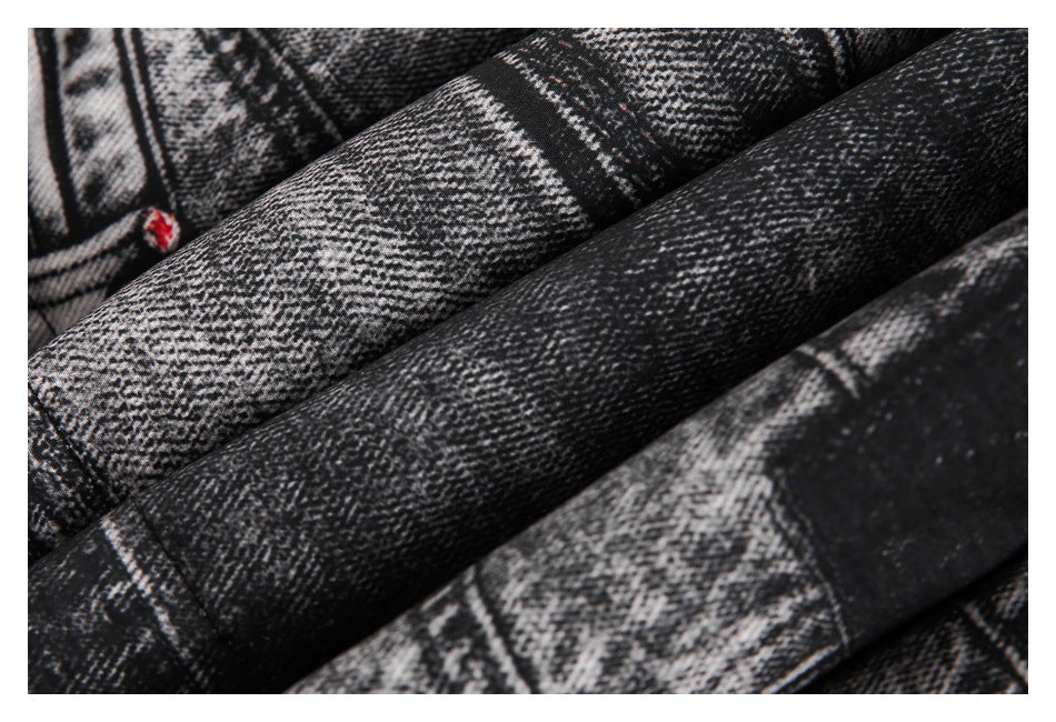 Close-up of the jacket's black-and-gray patterned fabric, showing its textured surface and folds.