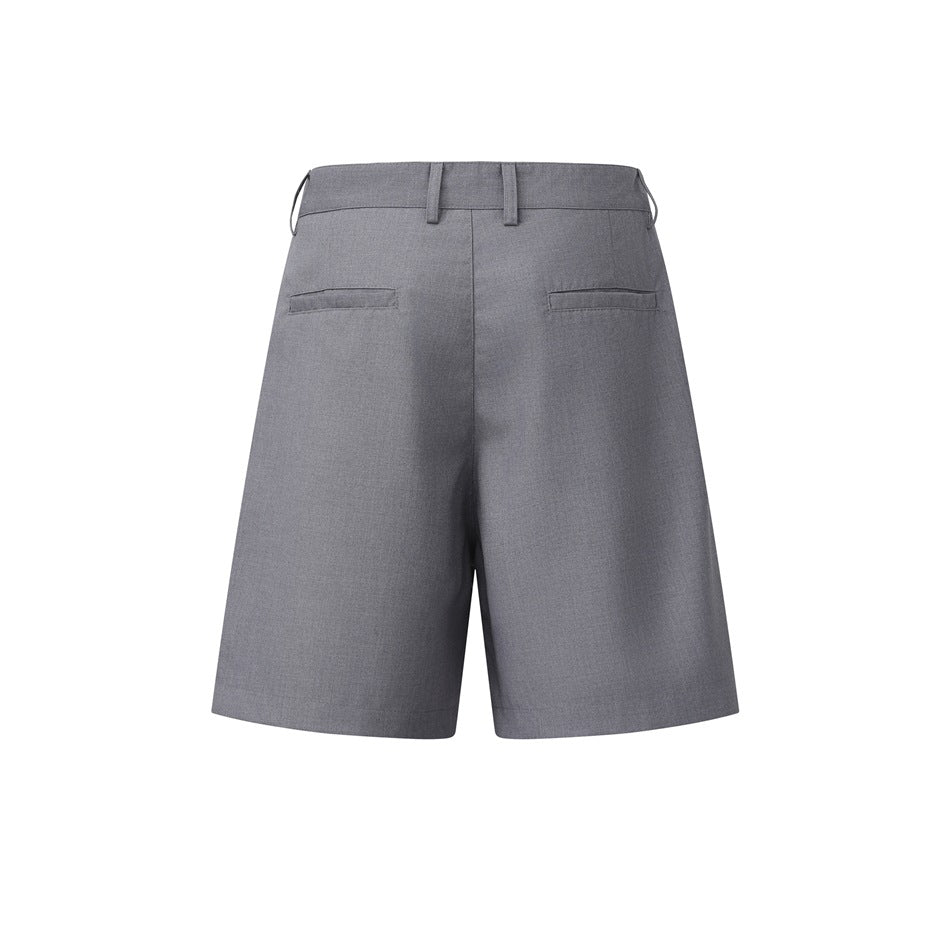 Flat-lay rear view of gray tailored shorts with belt loops and two welt pockets.