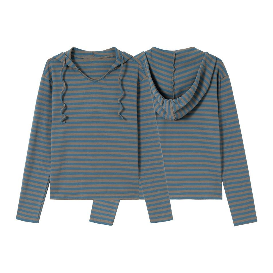 Blue and taupe striped long-sleeve hooded top shown from the front and back, with long wavy drawstrings.