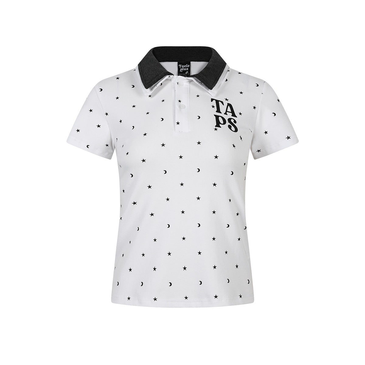 White short-sleeve polo top with black star and moon print, TAPS chest graphic and dark heather gray collar