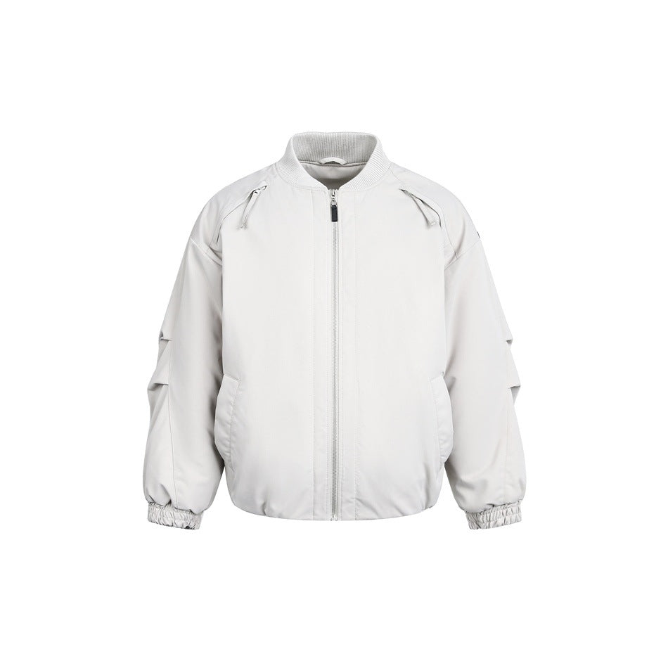Off-white bomber-style zip jacket with ribbed stand collar, shoulder zippers, pleated sleeves and elastic cuffs, front view