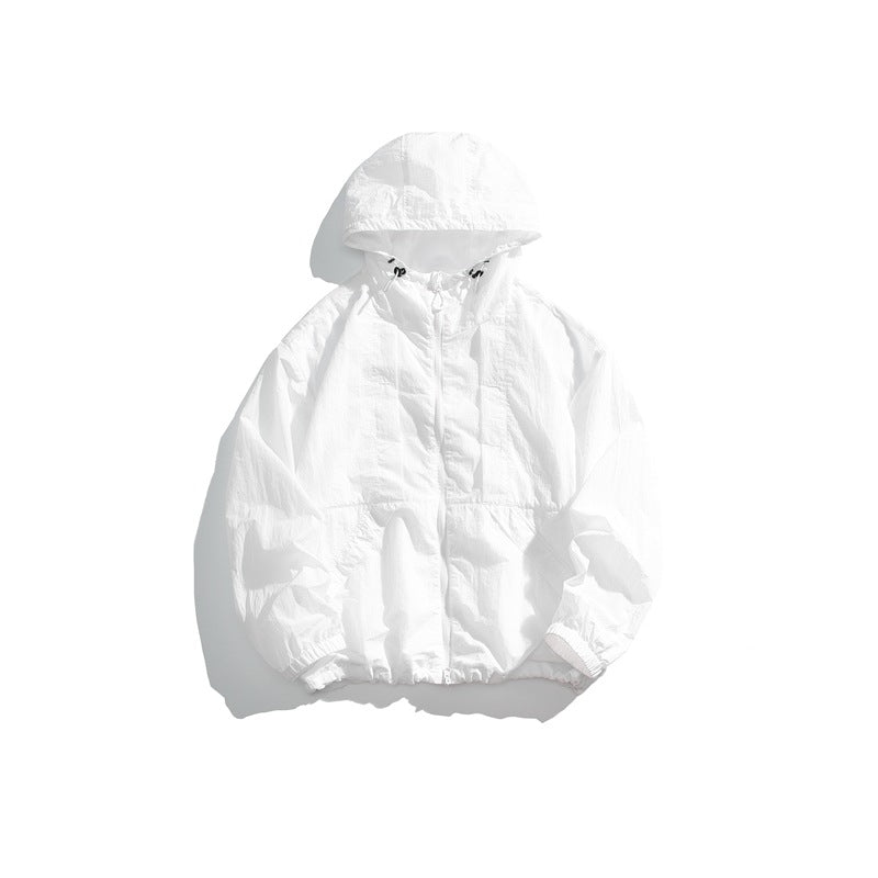 Front view of a white hooded zip-up jacket with a drawcord hood, elastic cuffs, and hem.