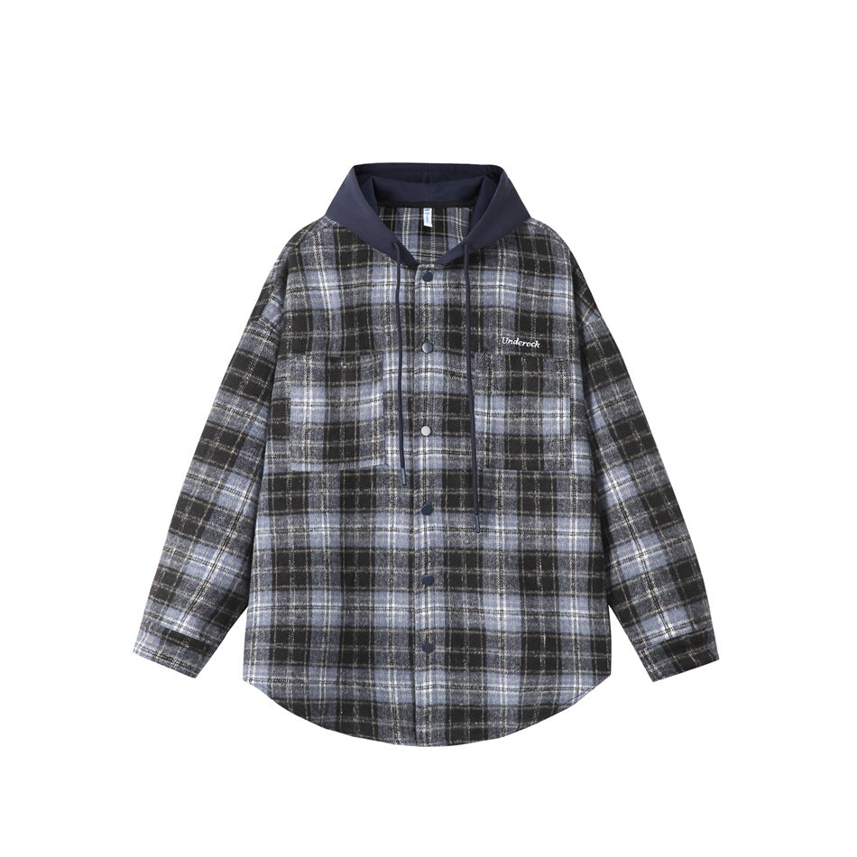 Blue and black plaid hooded jacket with navy hood, drawstrings, snap front and chest pockets, front view