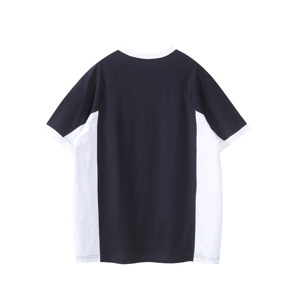 Back view of navy short-sleeve raglan T-shirt with white collar trim, cuffs and side panels