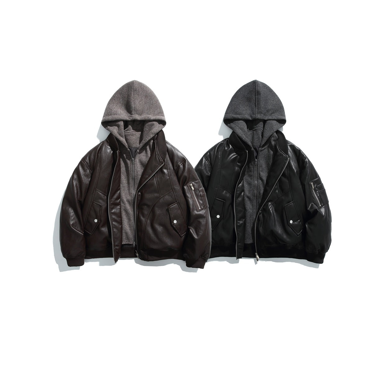 Two hooded jackets shown from the front: one dark brown and one black, each with a gray hoodie, zip pockets, and ribbed trim.