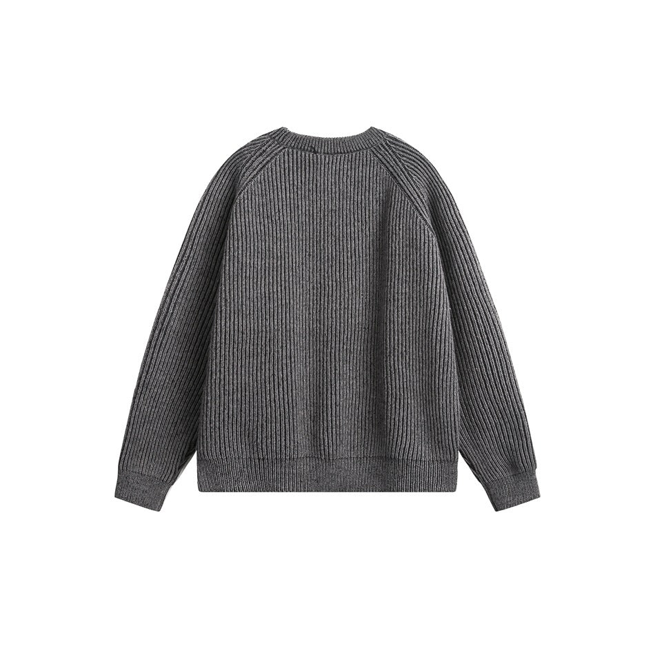 Back view of a charcoal gray rib-knit crewneck sweater with raglan sleeves.