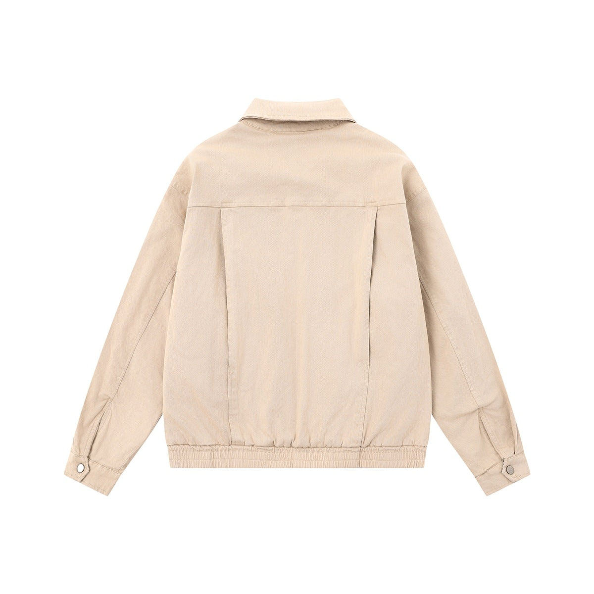Back view of a light beige jacket with a pointed collar, panel seams, elasticized hem and buttoned cuffs.