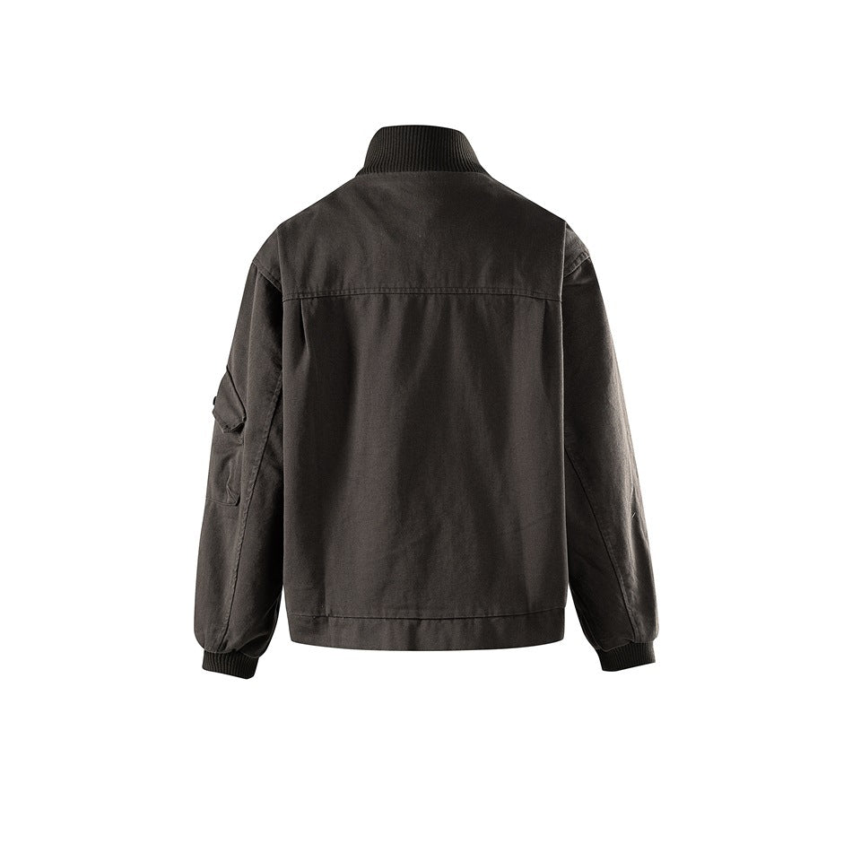 Dark gray jacket back view with ribbed collar and cuffs, back yoke seam and sleeve pocket