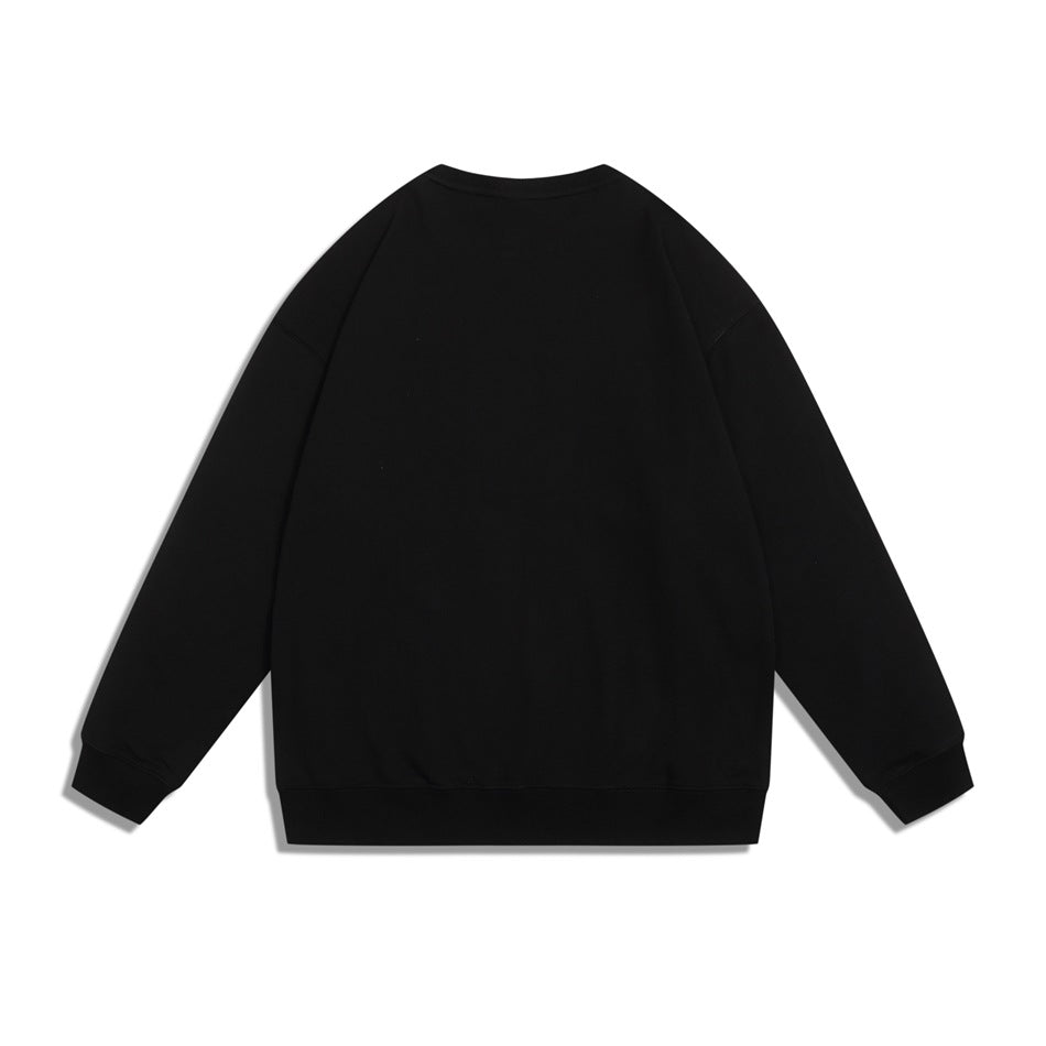 Black crewneck sweatshirt flat lay, back view, with ribbed cuffs and hem