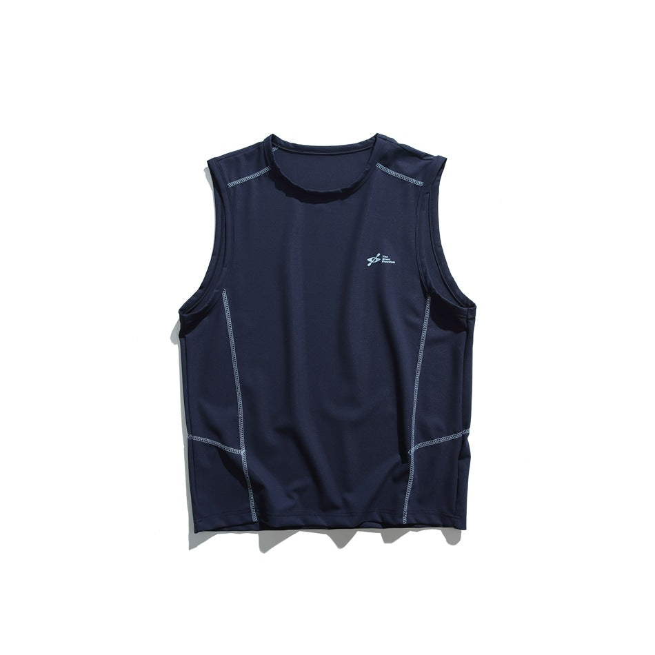 Navy sleeveless crew-neck top with light contrast stitching and small chest print, flat lay front view