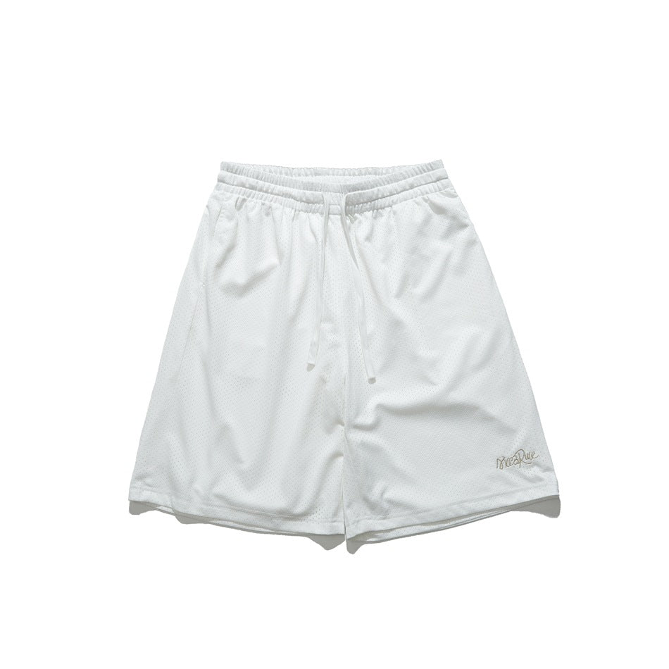 Off-white perforated mesh drawstring shorts, front flat view with small embroidered logo