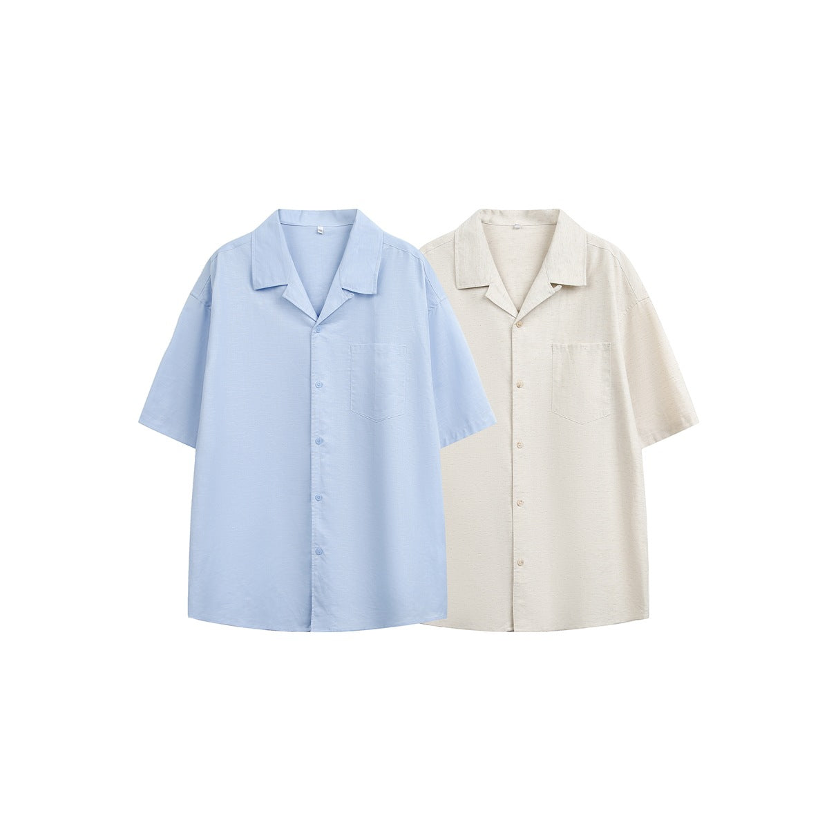 Two short-sleeve button-up shirts shown side by side in light blue and off-white, each with a notched collar and chest