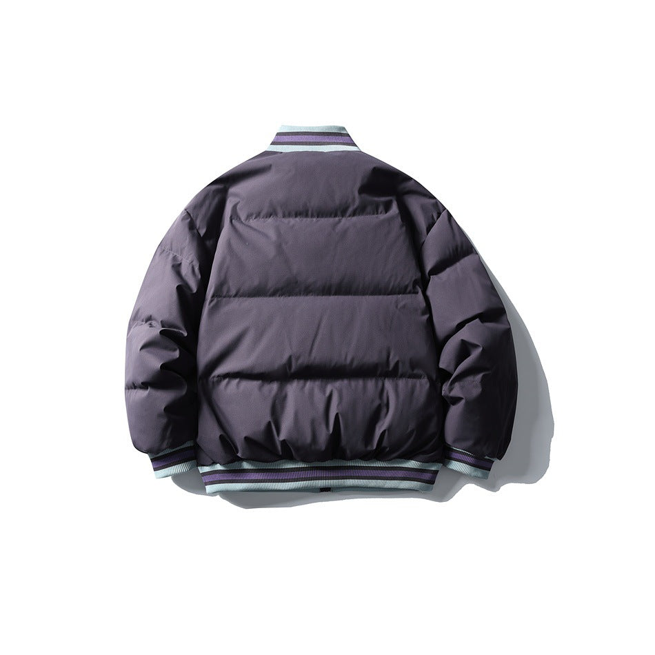 Back view of a dark purple padded jacket with horizontal quilting and striped light blue and purple ribbed trim.