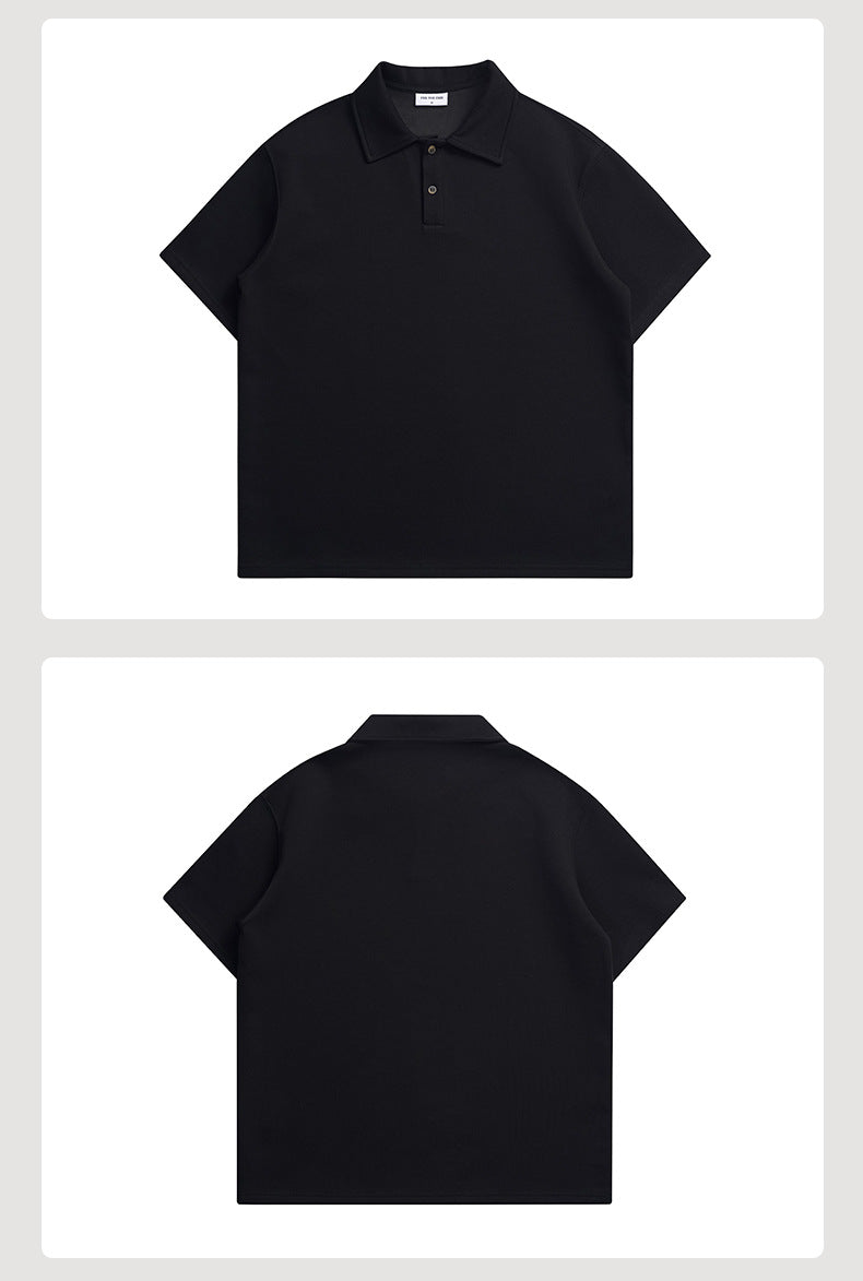 Black short-sleeve polo shirt shown from the front and back on a plain light background.