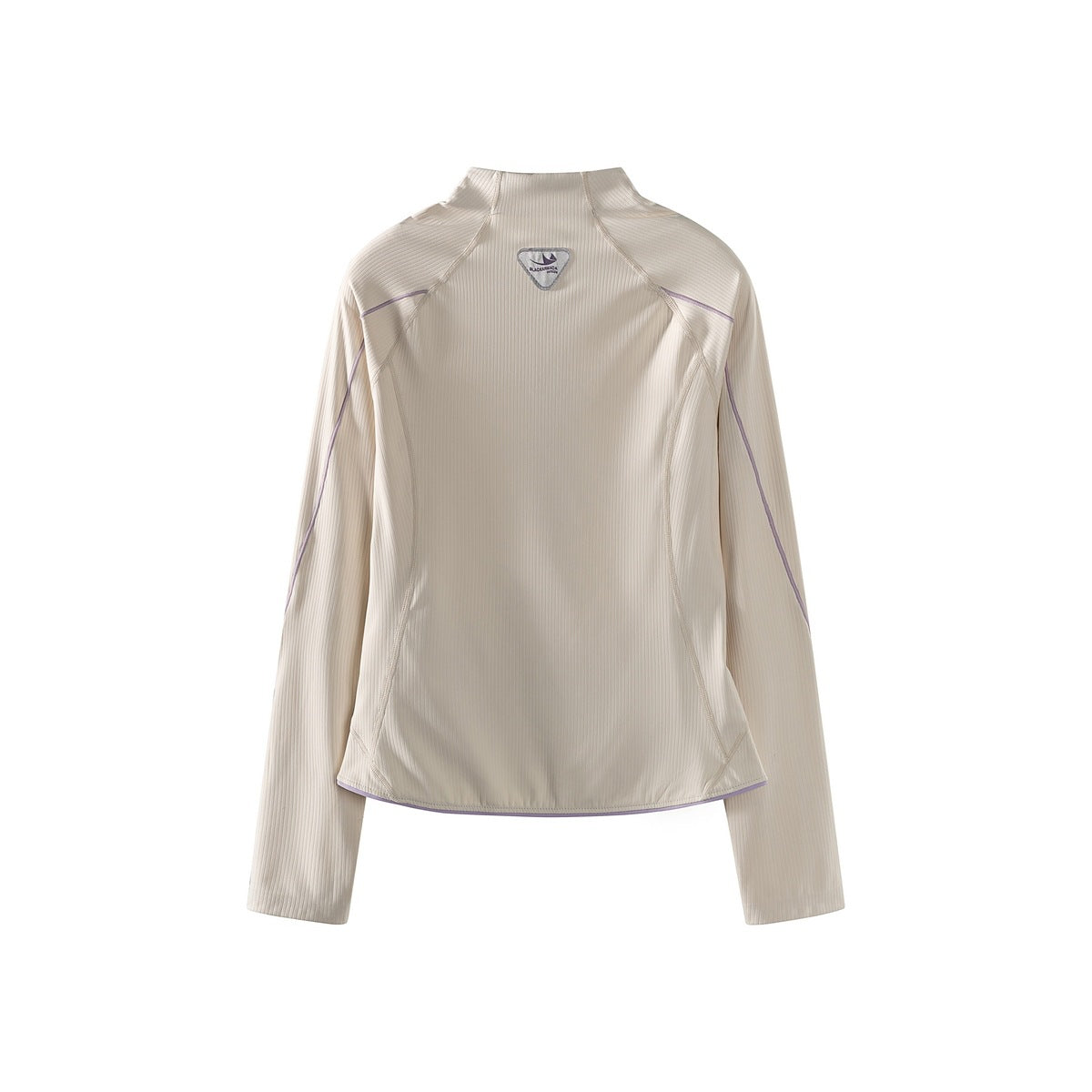 Back view of an ivory ribbed long-sleeve jacket with fine lavender piping and a high collar.