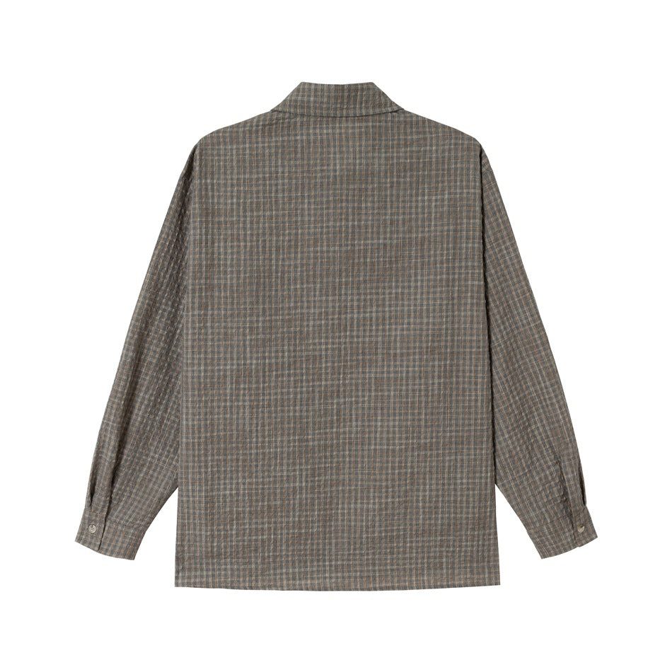 Back view of gray plaid long-sleeve shirt with collar and buttoned cuffs, flat lay