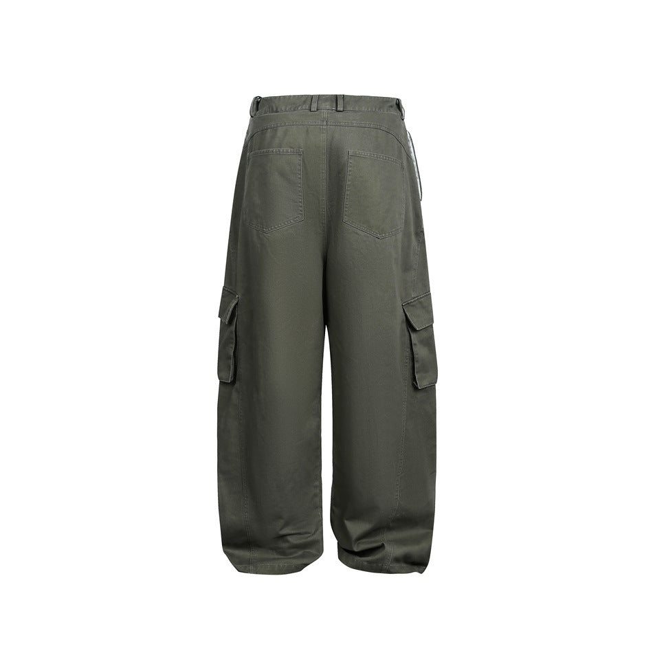 Back view of charcoal olive wide-leg cargo pants with two rear pockets and flap cargo pockets.