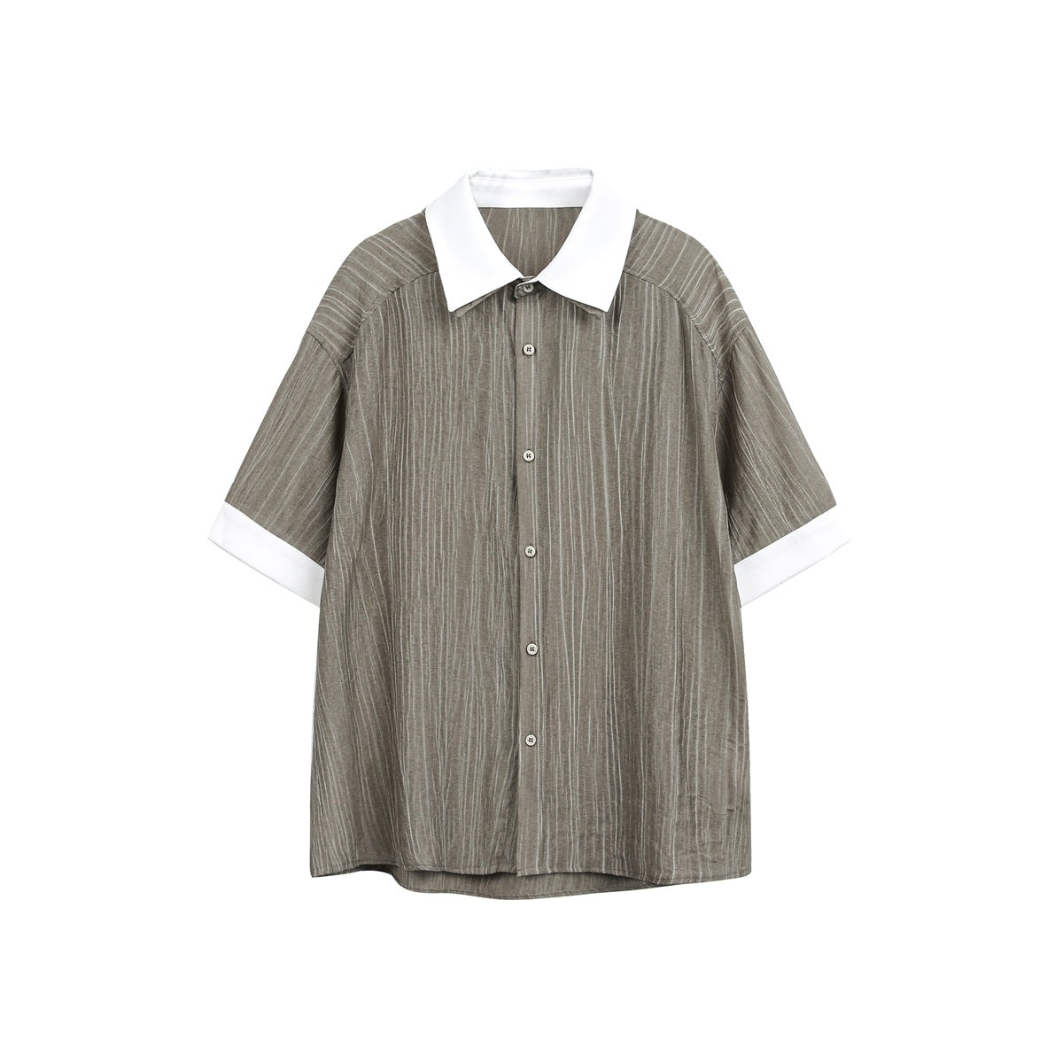 Khaki olive-brown short-sleeve button-up shirt with white collar and cuffs and crinkled stripes, front view