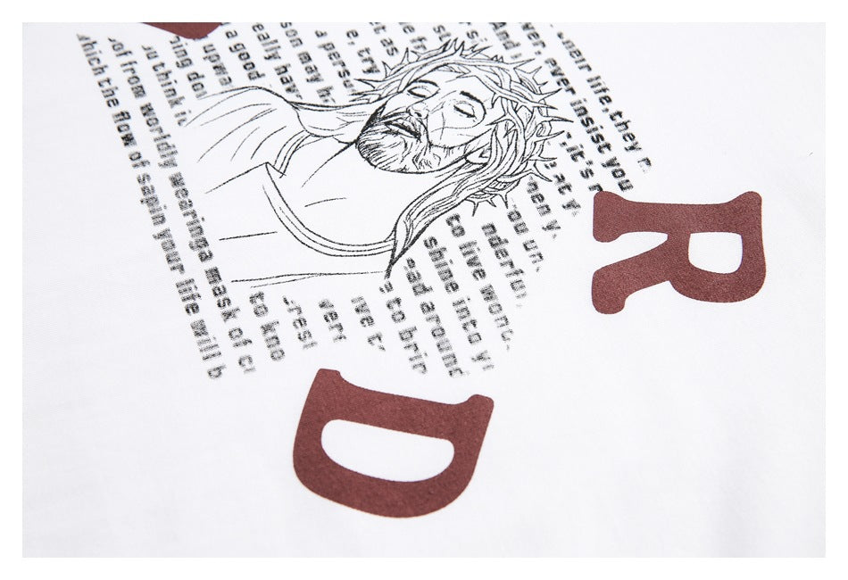 Close-up of a white T-shirt print showing a line-drawn figure, text, and large burgundy letters.