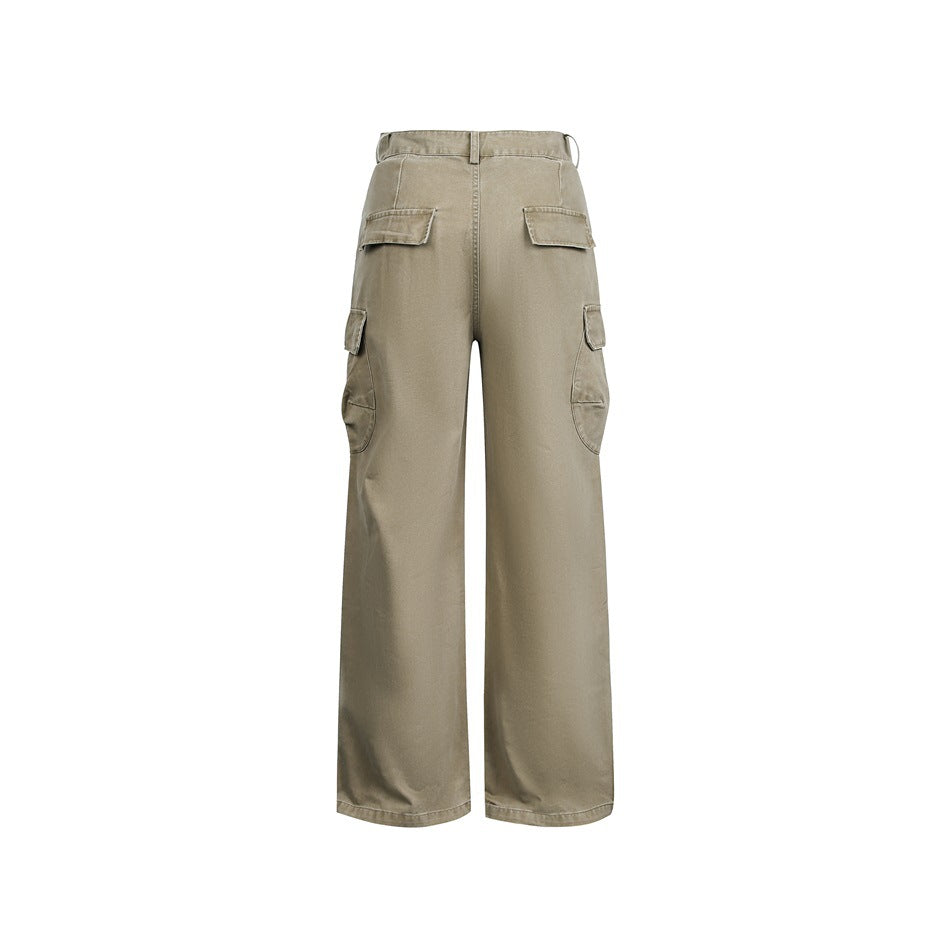 Back view of light taupe wide-leg cargo pants with flap pockets at the waist and sides.