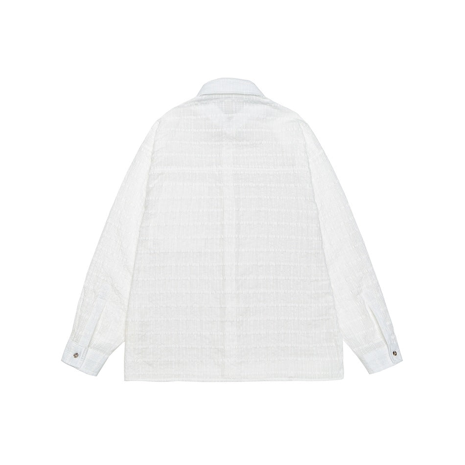 Back view of a white long-sleeve button-up shirt with a subtle horizontal textured pattern.