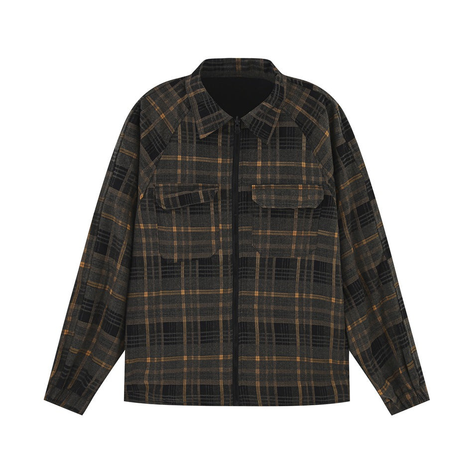 Front view of a dark plaid zip jacket with a pointed collar and two flap chest pockets.