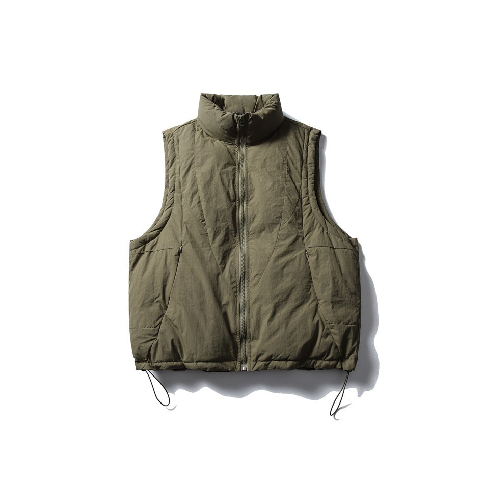 Army green sleeveless stand-collar zip vest with paneled seams and drawstring hem, flat front view