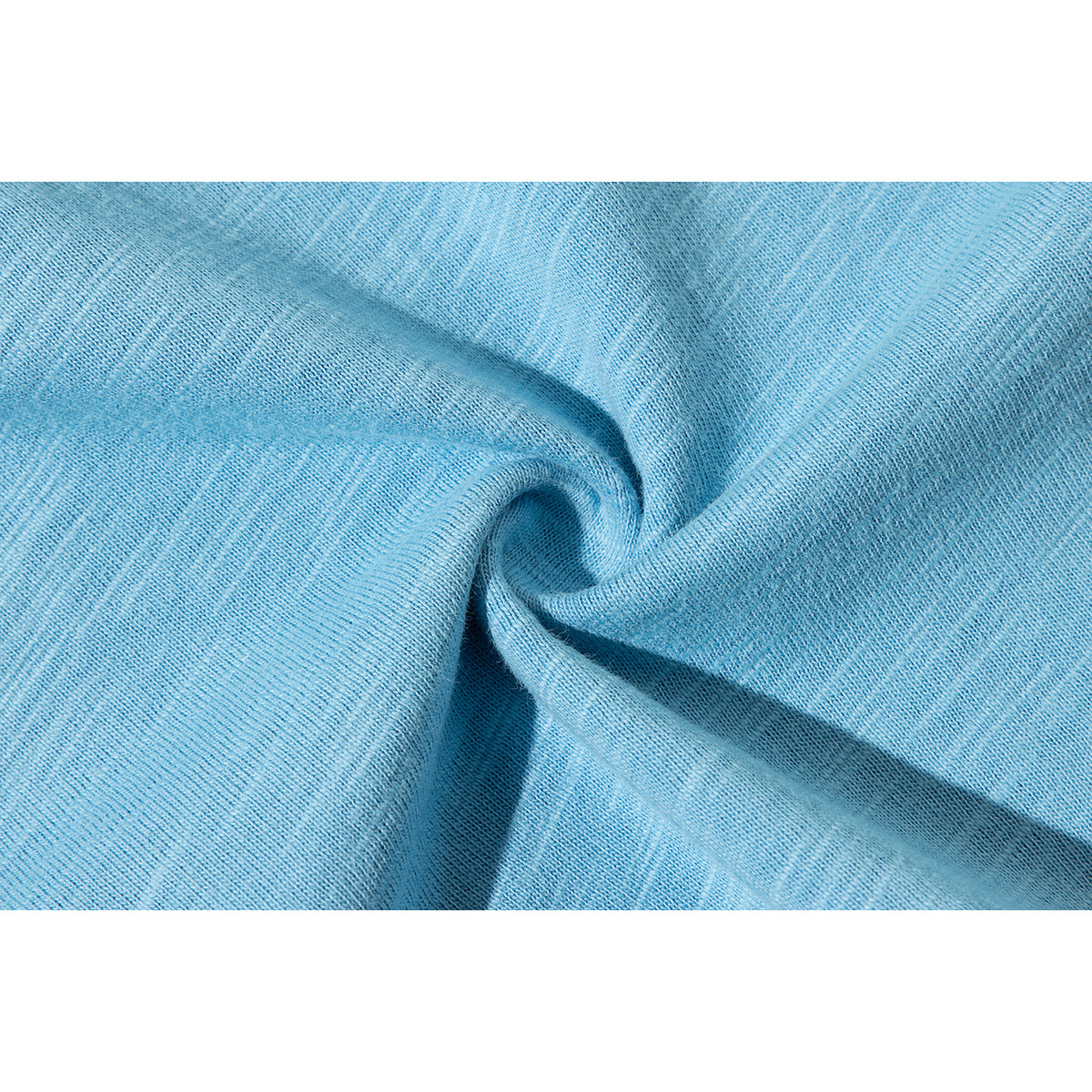 Close-up of light blue heathered knit fabric gathered into folds.