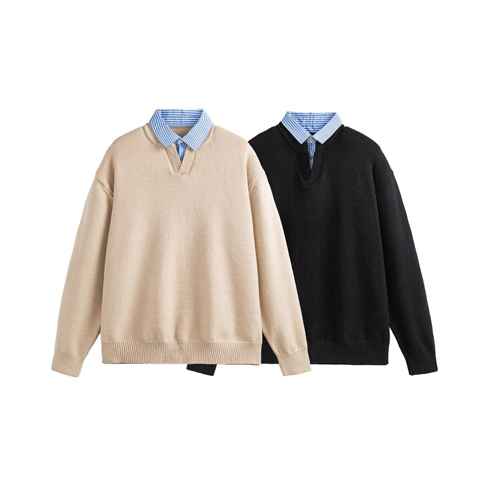 Beige and black V-neck sweaters shown together, each layered over a blue-and-white striped collar.