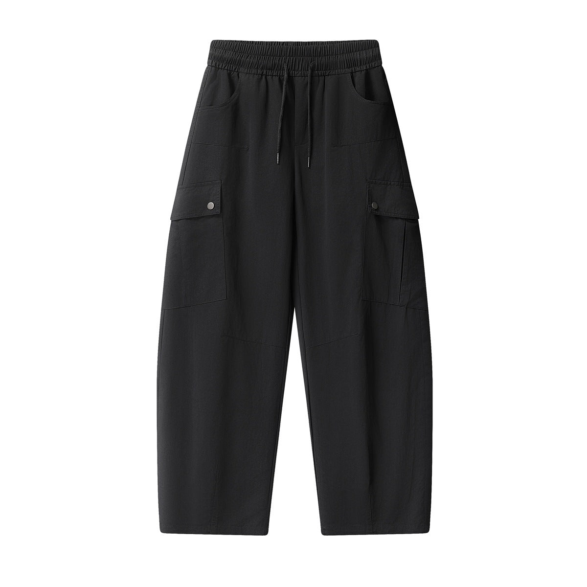 Black wide-leg cargo pants with drawstring elastic waist and snap-flap side cargo pockets, flat front view