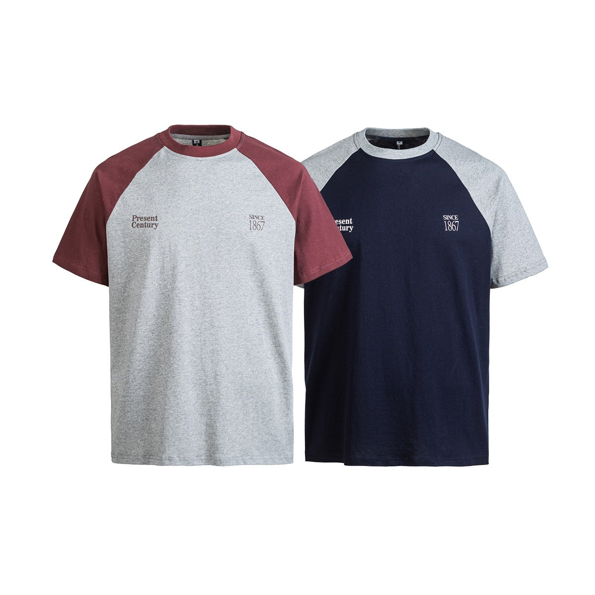 Two short-sleeve raglan T-shirts shown from the front: gray with burgundy sleeves and navy with gray sleeves, both with small