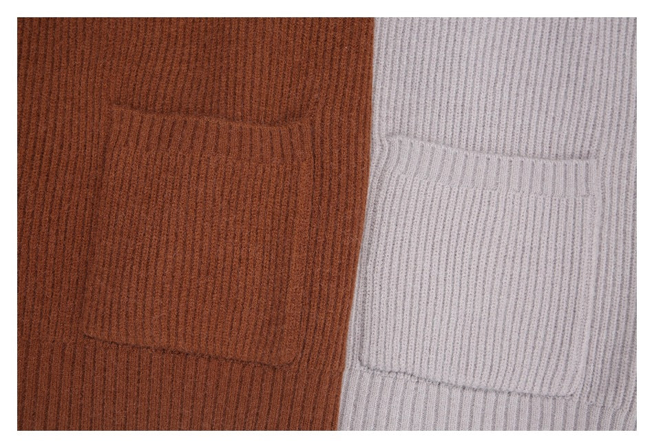 Close-up of patch pockets on rust-brown and light gray ribbed cardigans.