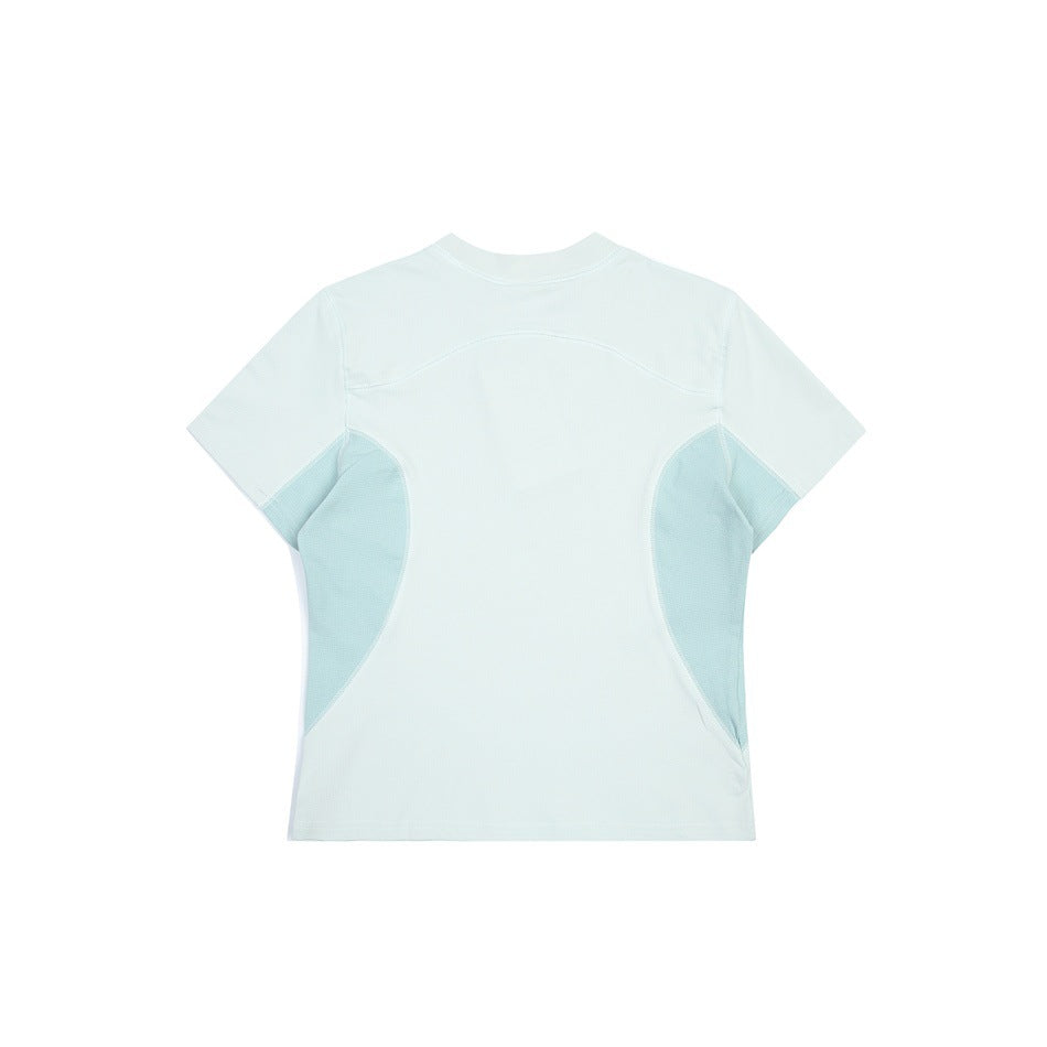 Back view of a very pale aqua short-sleeve crew-neck T-shirt with light blue curved side panels and a curved upper-back seam.