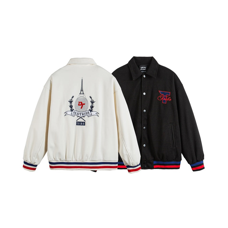 Ivory and black snap-front jackets shown from the back and front, with embroidered designs and red-and-blue striped ribbing.