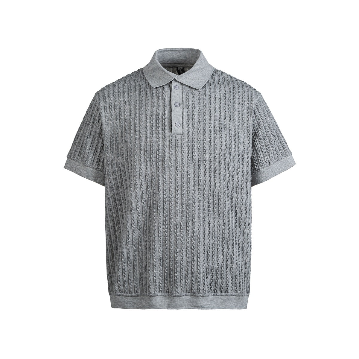 Gray short-sleeve polo shirt with vertical cable-style texture, three buttons and ribbed cuffs and hem, front view